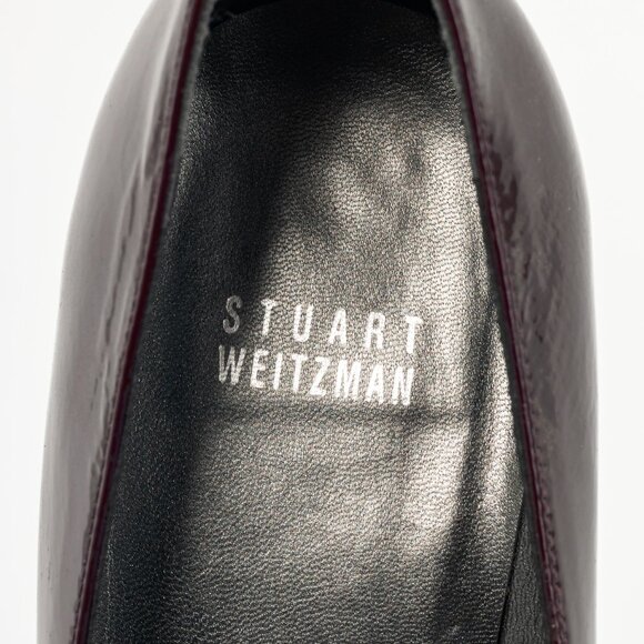 Stuart Weitzman Spice Plum Quasar Patent-Leather Bow Peep-Toe Pumps - Picture 9 of 10